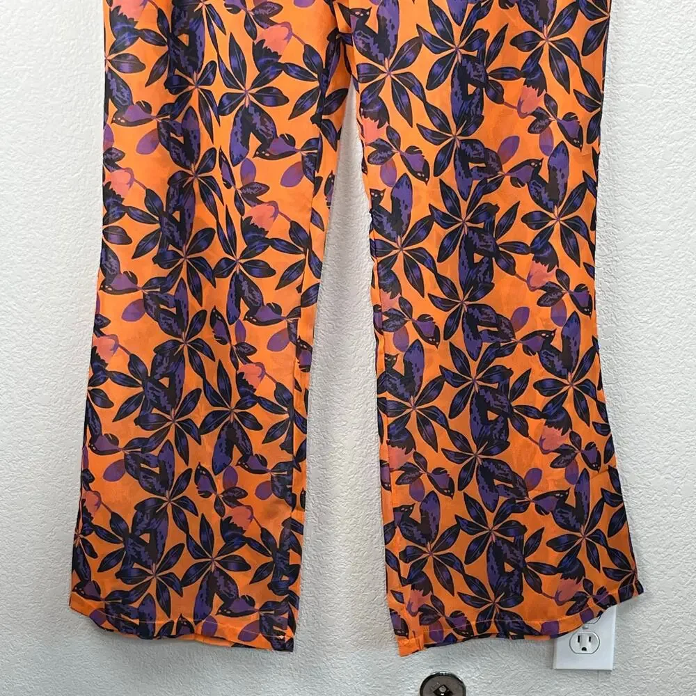 PrettyLittleThing Orange Tropical High Rise Sheer Flare Beach Pants 14 NWT